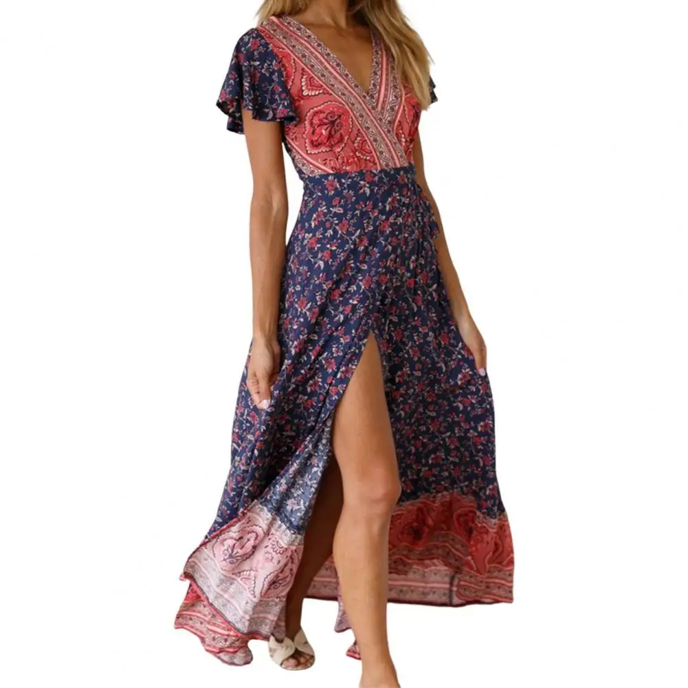 

Party Dress Stylish Comfortable Charming Bohemian Floral Print Short Sleeve Women Dress Streetwear Women Dress Maxi Dress