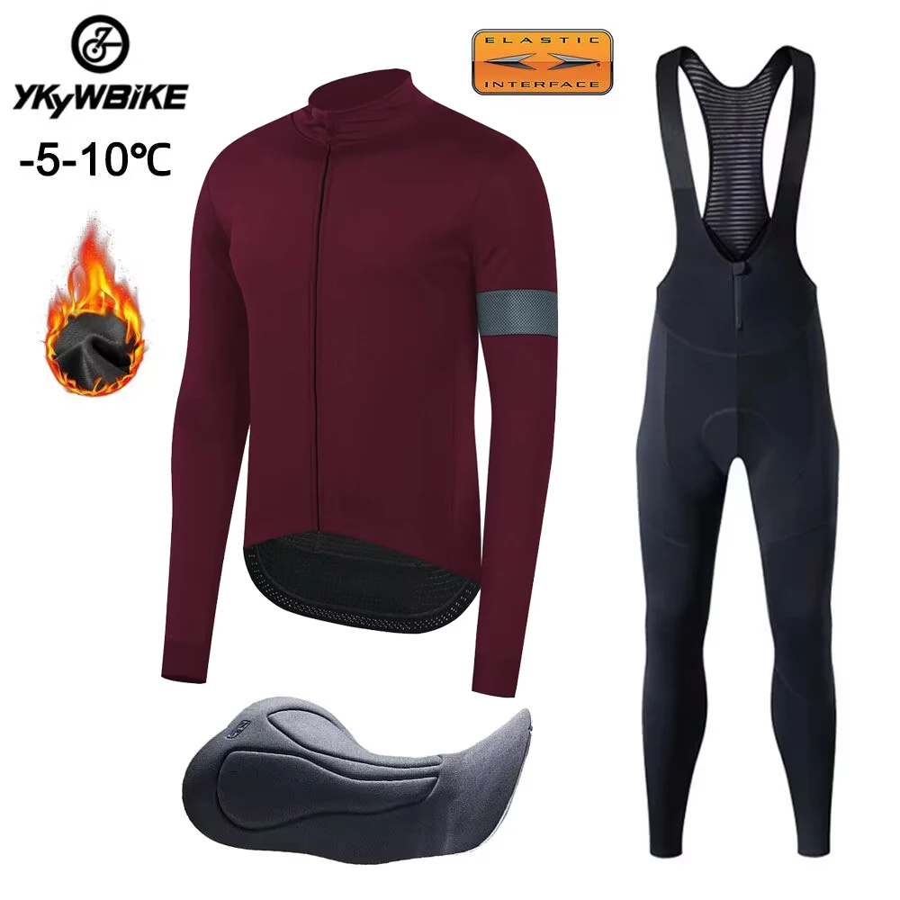 

YKYWBIKE Cycling Winter Men Jersey Set Thermal Bib Pants Cycling Clothing Bike Tights Weatherproof Thermal Fleece Coat Bicycle