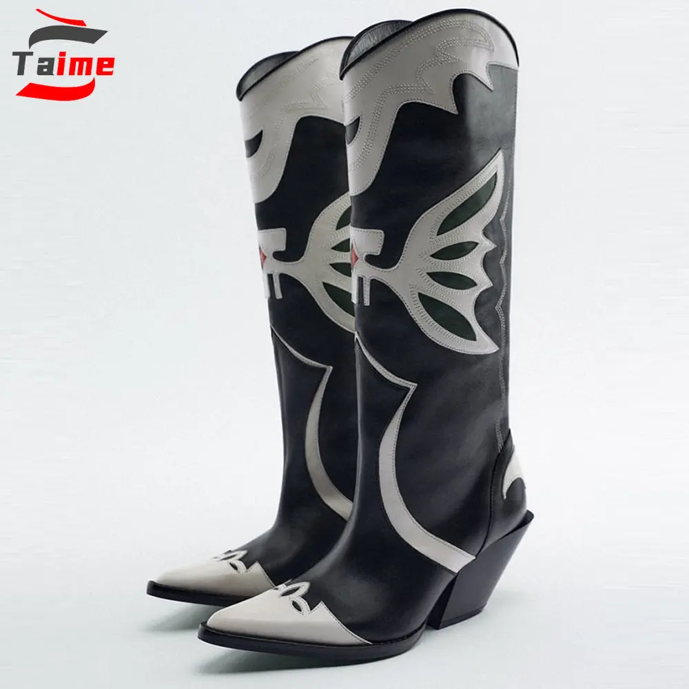 Long Cowboystiefel Black White Chunky Heel Western Boots Cowboy Boots for Women Brand Design Botas Cowboy Mujer Largas Vaqueras
