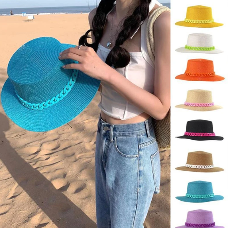 

New Color Chain Flat Top Unisex Jazz Straw Hat Outdoor Women Seaside Vacation Beach Hats Fashion Summer Panama Bucket Cap