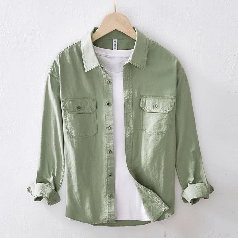 

Spring Autumn Fashion Pocket Men Shirts Solid Color 100% Cotton High Quality Long Sleeve Casual Loose Tops Camisas De Hombre