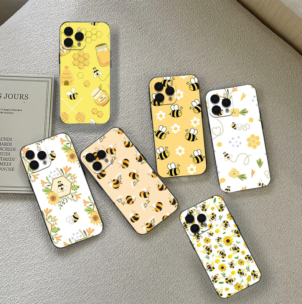 Чехол для телефона iPhone Honey Bee Cute 12 11 13 14 15 16 Max Pro Plus черный мягкий силиконовый чехол