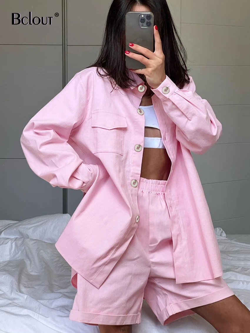 

Bclout Autumn Cotton Pink Shorts Sets Women 2 Pieces Elegant Long Sleeve Loose Blouses Fashion Solid Wide Leg Shorts Suits Woman