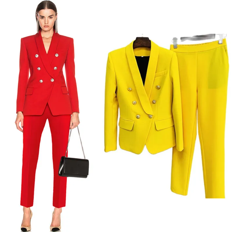 2023 Designer Blazer Suit Set Women's Classic Shawl Collar Lion Buttons Double Breasted Blazer Pants Set Two Piece Formal Suits