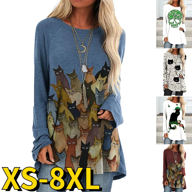 

2022 New Autumn Women's Fashion Animal Print Top Fashion Casual Round Neck Long Sleeve Loose Size Tee Everyday Street Pullover