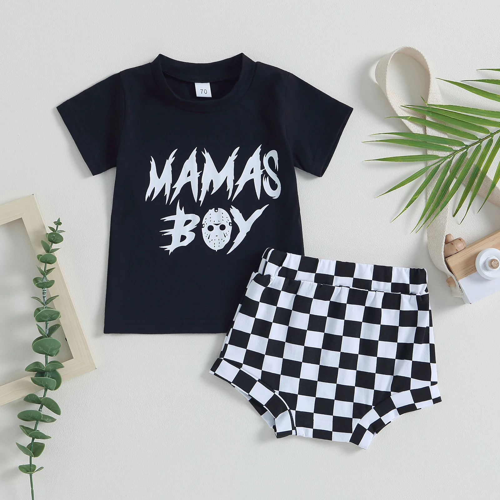 

Infant Baby Boys Girls Outfits Short Sleeve Letters Print T-shirt+Elastic Waist Plaid Short Toddlers Baby Summer Clothes Sets