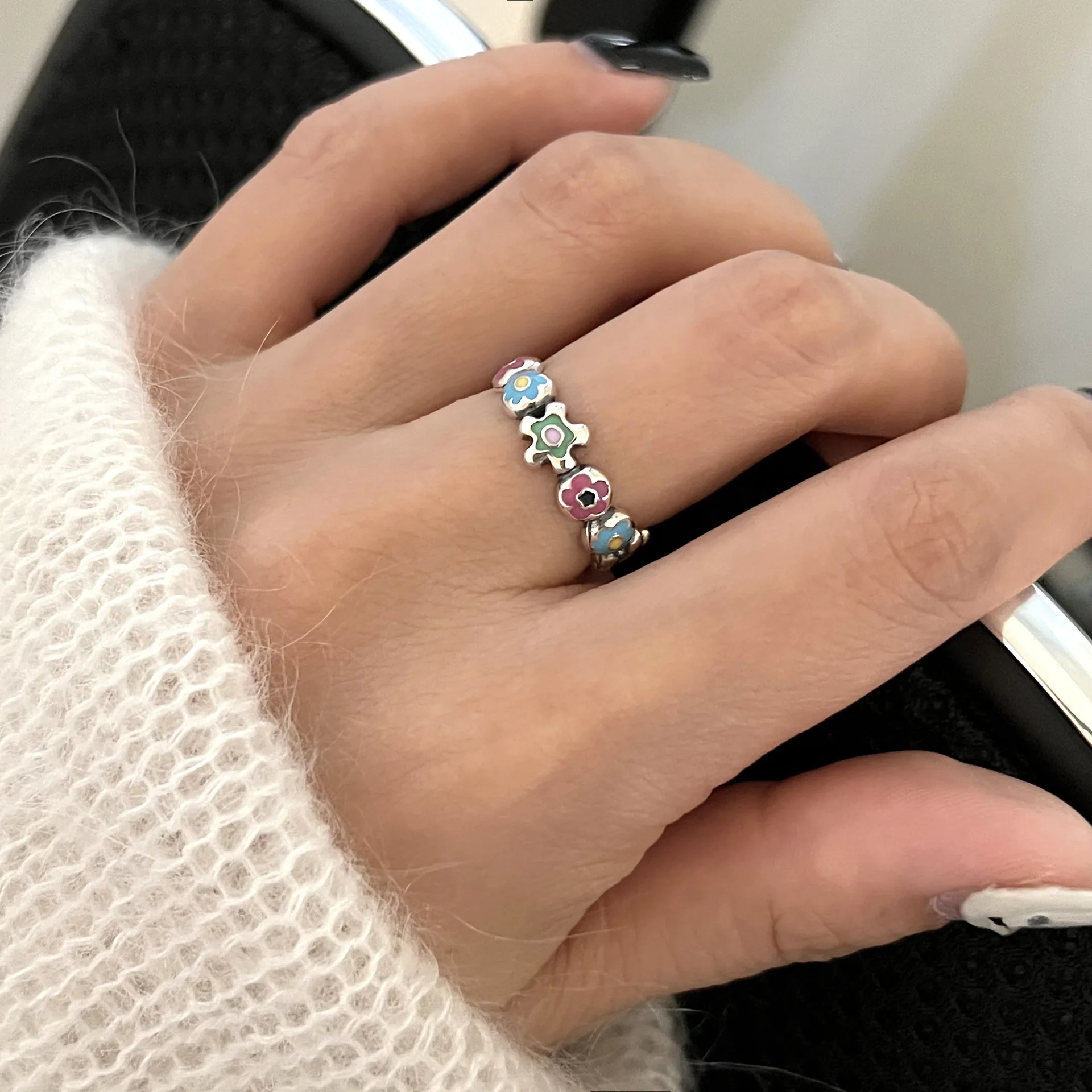 

New Lucky Blue Enamel Flower Open Ring Silver Color Finger Rings Adjustable For Women Girls Men Fashion Jewelry
