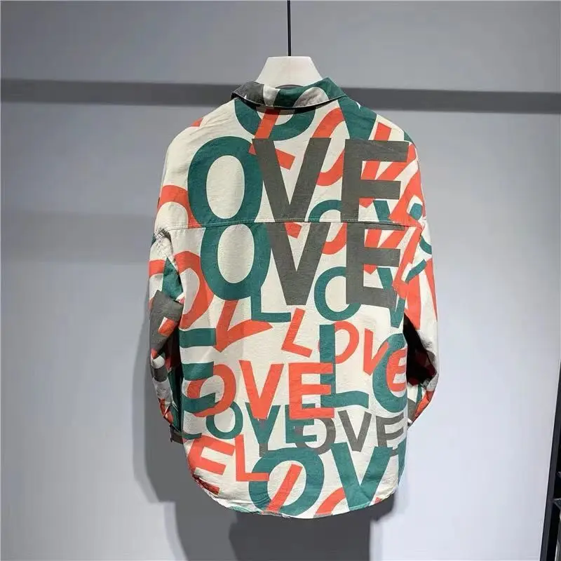 HK Style Loose Long-Sleeved Letters Men's Spring and Summer New Trendy Men's Fashion Handsome Shirt Coat Trendy Printed Shirt
