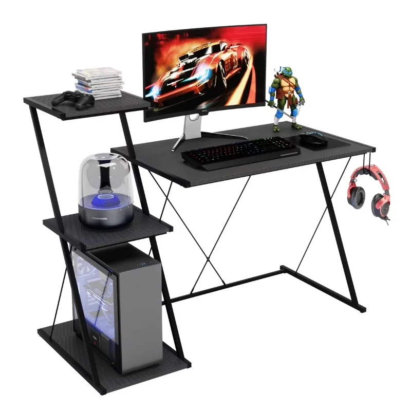 51'' Gaming Desk with 3-Tier Open Shelf Come with Headset Hook in Black