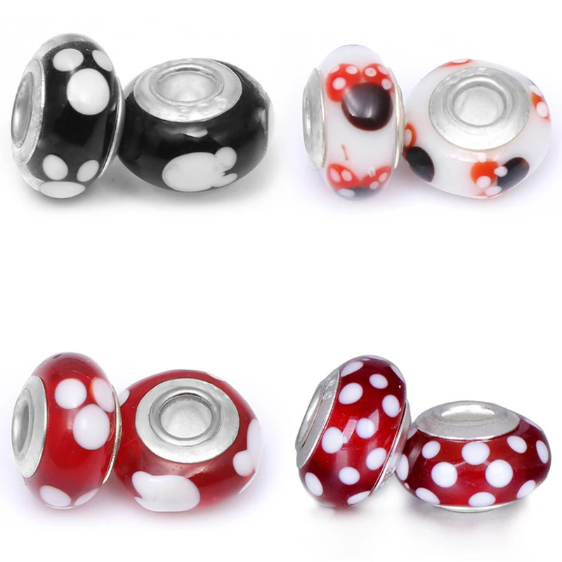 

Fit Pan Mickey Mouse Charms Bracelet Women Men Disney Red Minnie Dots Murano Spacer Glass Beads For Jewelry Making DIY Accessory