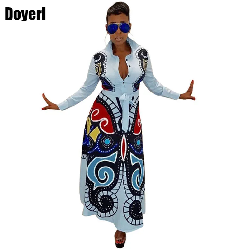 

Модное женское Платье макси с длинным рукавом винтажный принт Дашики африканские платья для женщин на пуговицах Элегантное Длинное Платье-...