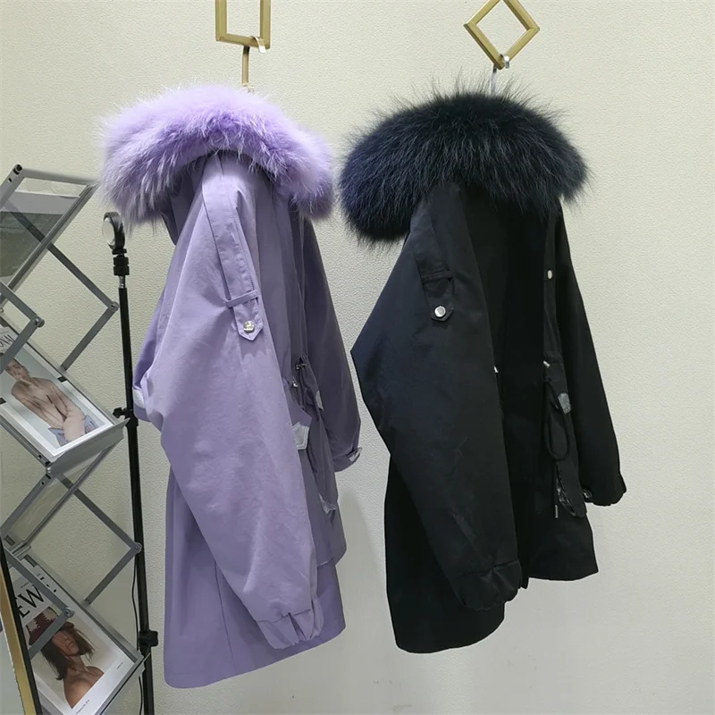 

Jacket Winter Meteor Shower Fur Women Warm Removable Rabbit Fur Liner Long Sleeve Solid Color Simple Fashion Raccoon Fur Collar