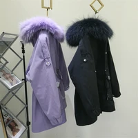 jacket winter meteor shower fur women warm removable rabbit fur liner long sleeve solid color simple fashion raccoon fur collar