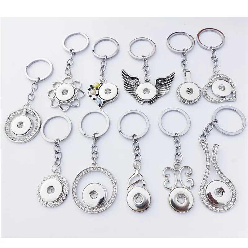 

12 Pieces / Lot 18mm Snap Buttons Keyrings Wing Flower Heart Owl Marquise Round Rhinestone Keychain Styles Mix Wholesale Jewelry