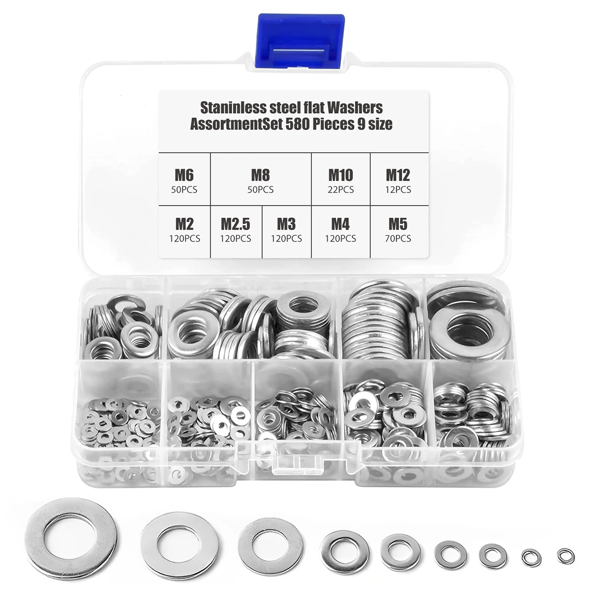 

684Pcs Flat Washer Stainless Steel Washers Assorted M2 M2.5 M3 M4 M5 M6 M8 M10 M12 Metal Washers O-rings Washers Kit 9 Sizes