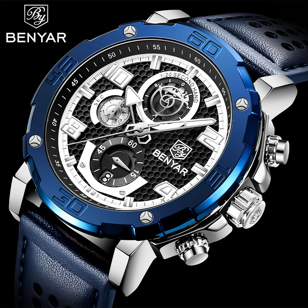 

BNEYAR 2021 New Men Quartz Wristwatches Leather Waterproof Military Watch 48mm Large Dial Sport Chronograph Watch reloj hombre