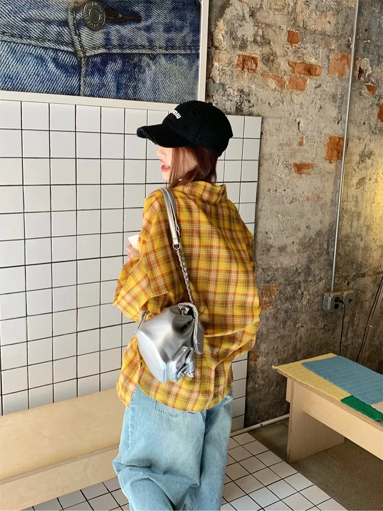 Женская рубашка в клетку ADAgirl желтая винтажная стиле Харадзюку кардиган на