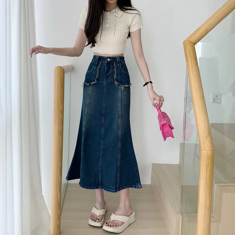 

denim long skirt 2022 autumn new high waist fishtail trumpet japan long skirts for women skirt korean style fall winter 2022