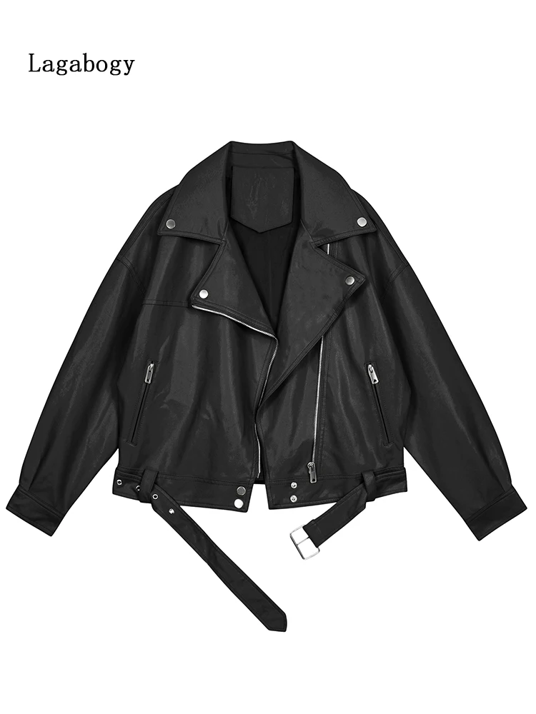 

Lagabogy New Spring Autumn Women Pu Leather Motorcycle Jacket Female Loose Streetwear Solid Color Coat With Belt Outerwear