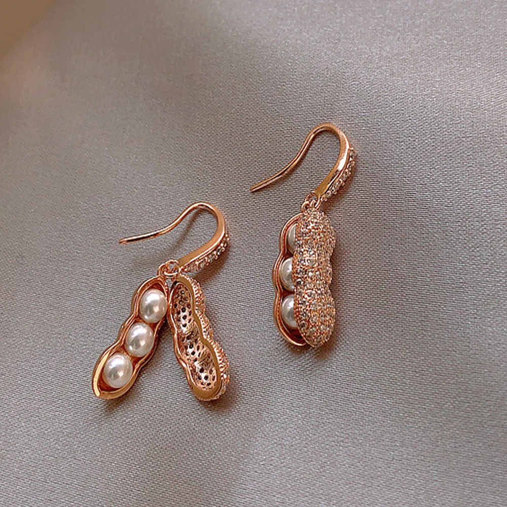 

Micro zircon Peas Earrings for Women Ladies White Imitation Pearl Peanut Ear Cuff Earring Wedding Fashion Jewelry Girls Gift