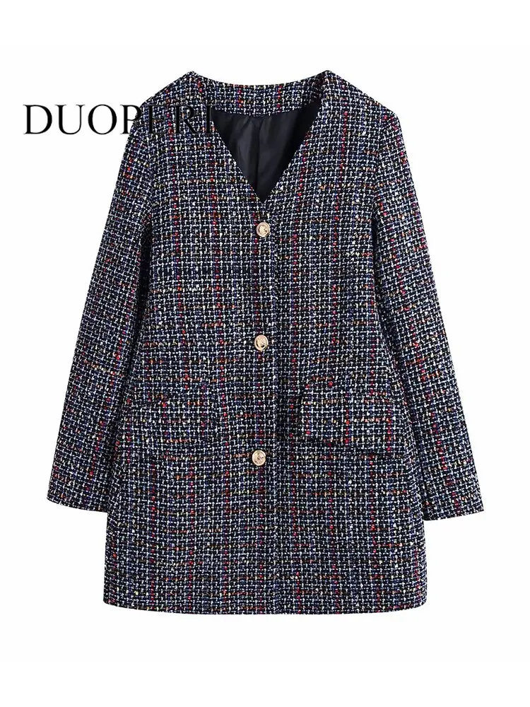 

DUOPERI Women Fashion Texture Single Breasted Coats Vintage V-Neck Long Sleeves Female Chic Lady Outwear