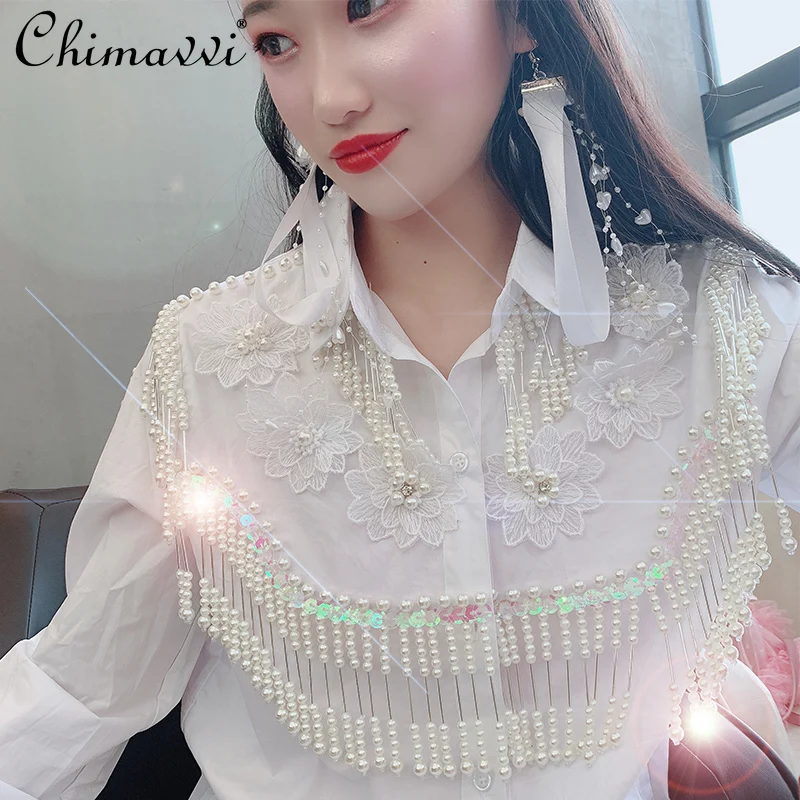 

Customized Thailand-Style Trendy Luxury Pearls White Shirt Dress Women 2022 Spring Fall Fashion Elegant Solid Color Short Dress