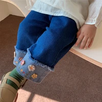 2022 autumn new jeans baby girl clothes baby girl clothes mid waist floral embroidery warm jeans childrens clothing