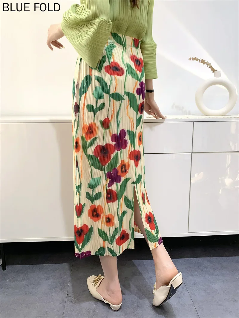 MIYAKE плиссированная юбка летняя женственная повседневная с разрезом и принтом