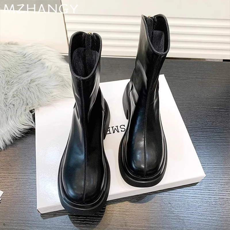 Кожаные женские ботильоны на платформе обувь высоком каблуке женская трендовая