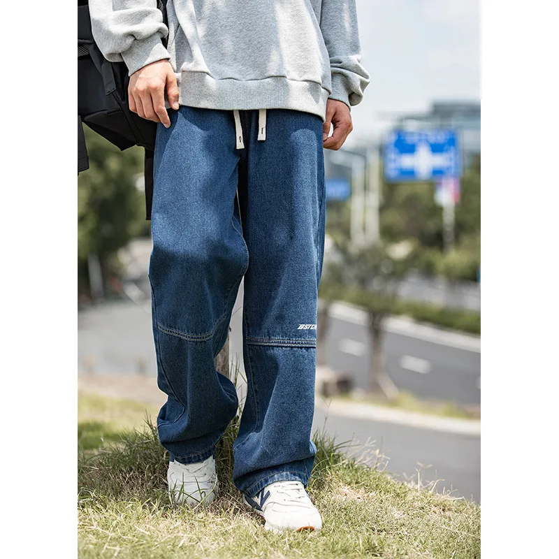 Oversized Jeans Cotton Men's Straight Leg Slacks Men's New Style Spliced Rubber Waistband Washed Vintage Long Pants