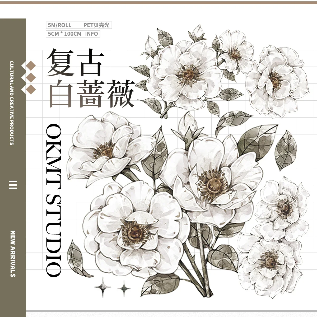 

Vintage White Rose Floral Shiny Pet Washi Tape Collage Journal Decoration