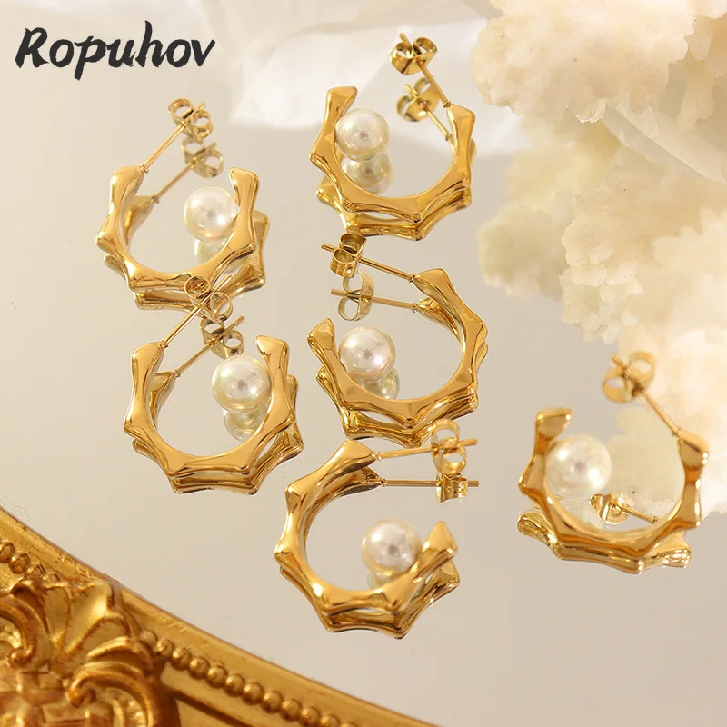 

Ropuhov 2022 Woman New Korea Dongdaemun Geometry C-shaped Baroque Pearl Earrings Titanium Steel