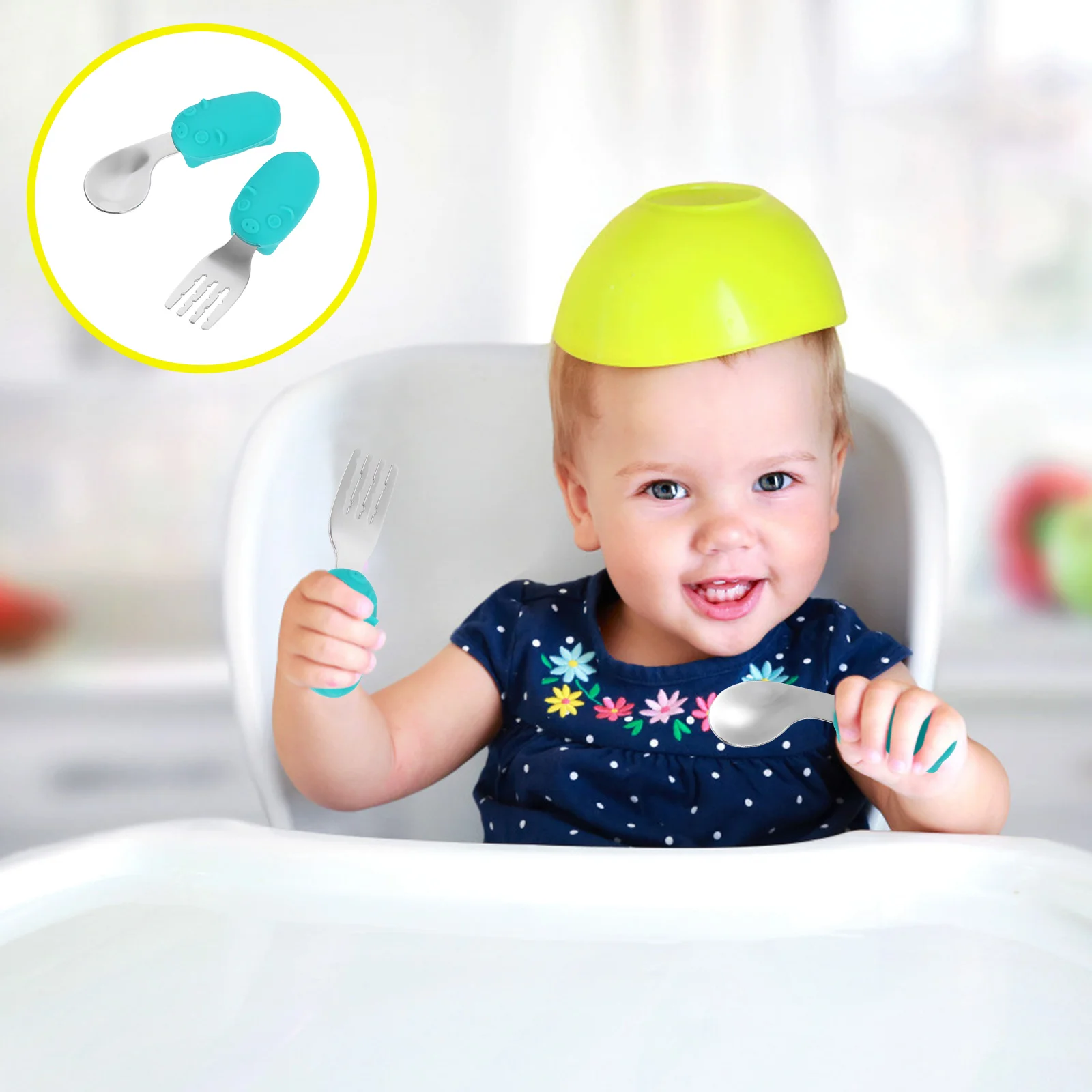 

Baby Feeding Spoon Infant Training Fork Stainless Steel Utensils Handle Short Self Tableware Household Flatware Dinnerware Set