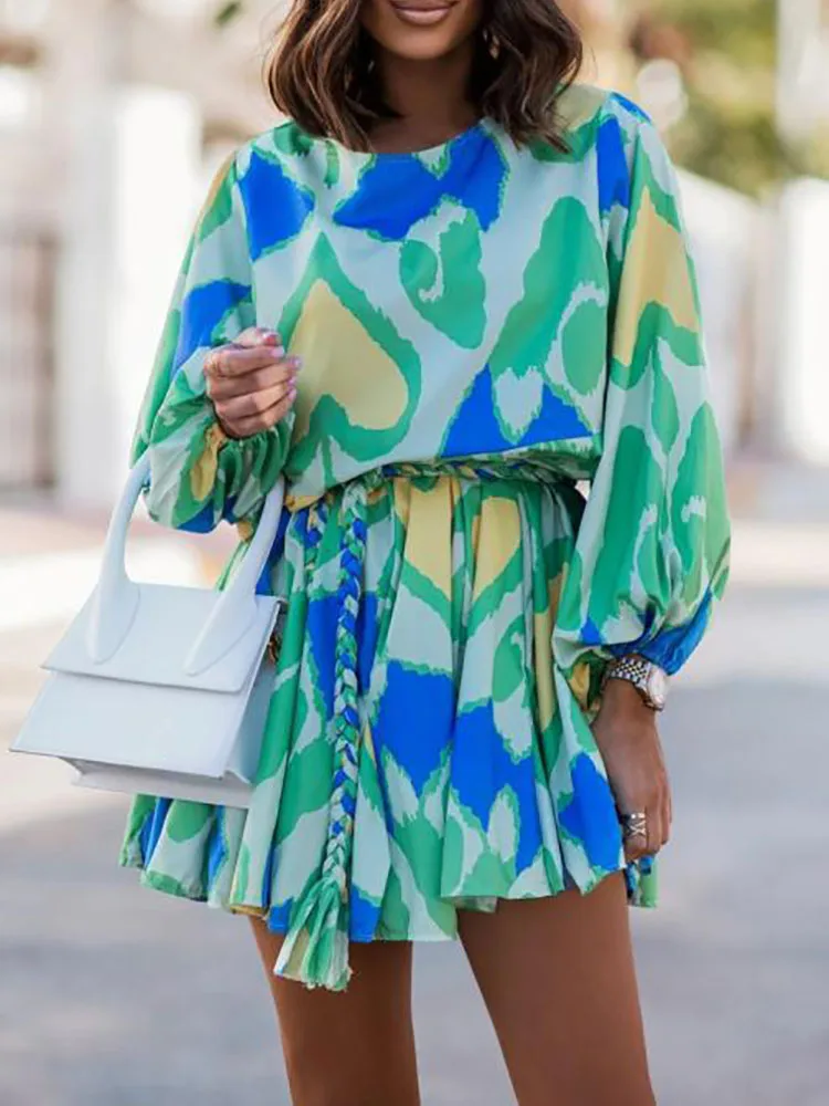 

Женское мини-платье с принтом и рукавами-фонариками, элегантное платье с круглым вырезом и поясом на резинке, модное повседневное шикарное ...