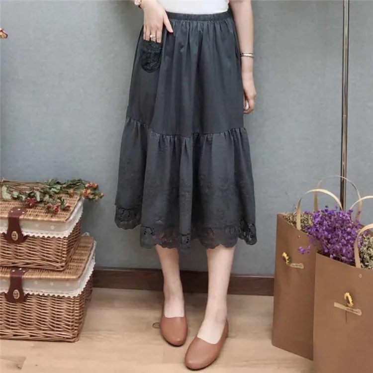 

Summer New Style Mori Literature and Art Thin Cotton Stitching Lace Mid-length Elastic Waist Large Size Base Skirt