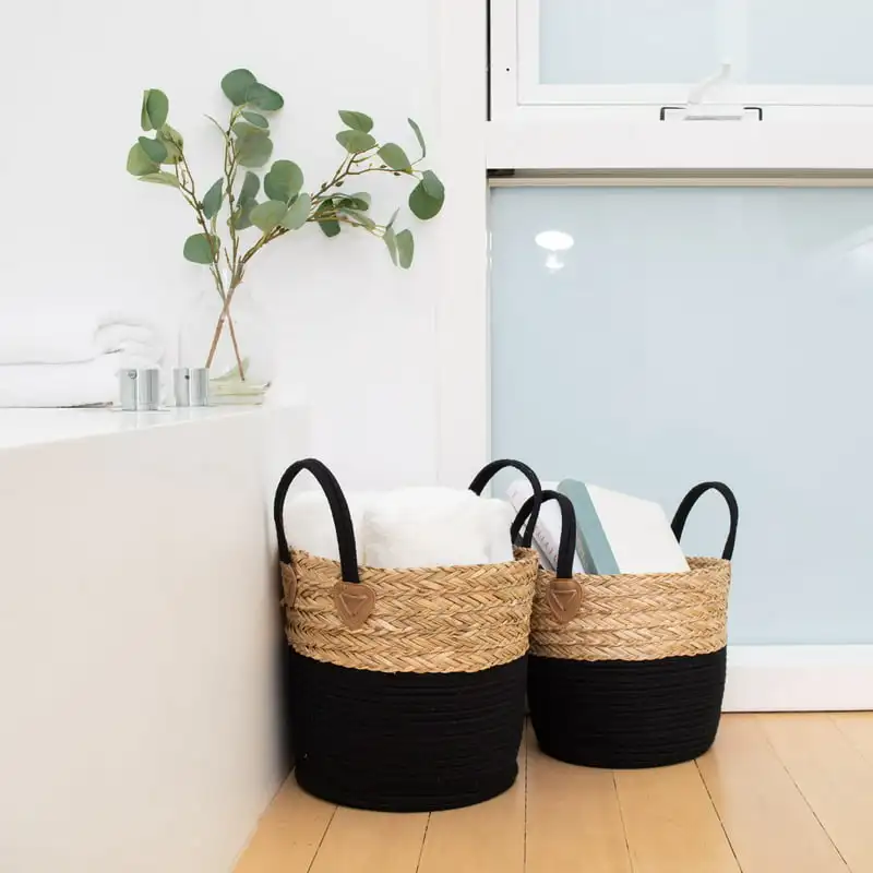 

Из 2 круглых корзин для хранения, плетеные морские водоросли и хлопковая веревка, (MD + SM), натуральный и черный