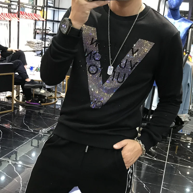 

Men's Youth Autumn And Winter Fashion Round Neck Rhinestone Slim Fit Comfortable Thermal Top y2k Sweatshirts Clothes For Men