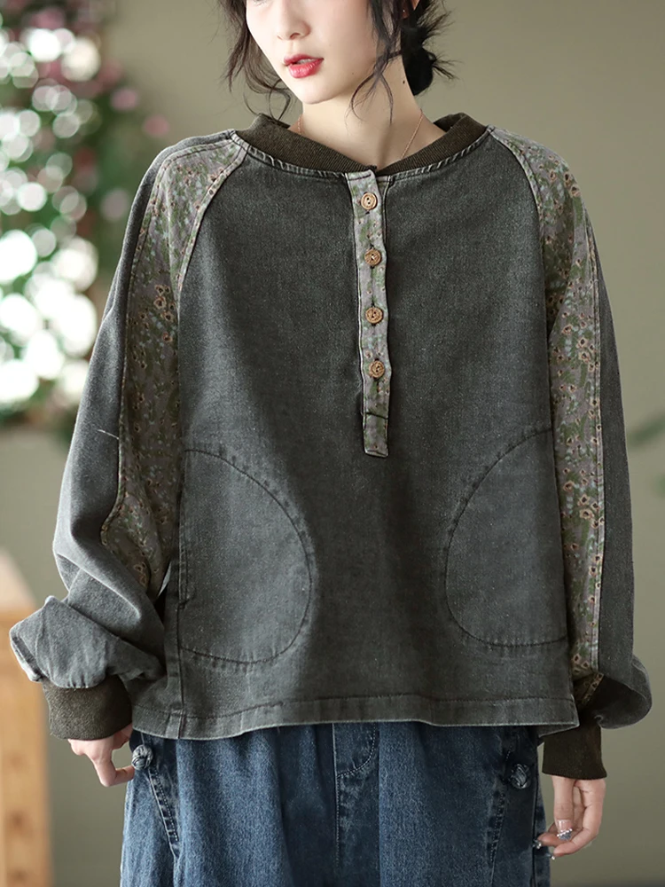 FairyNatural New Chinese Fasion Streetwear 2022 Spring Ladies Casual Denim Coats Print Clothing Women Retro Jean Jacket Big Size |
