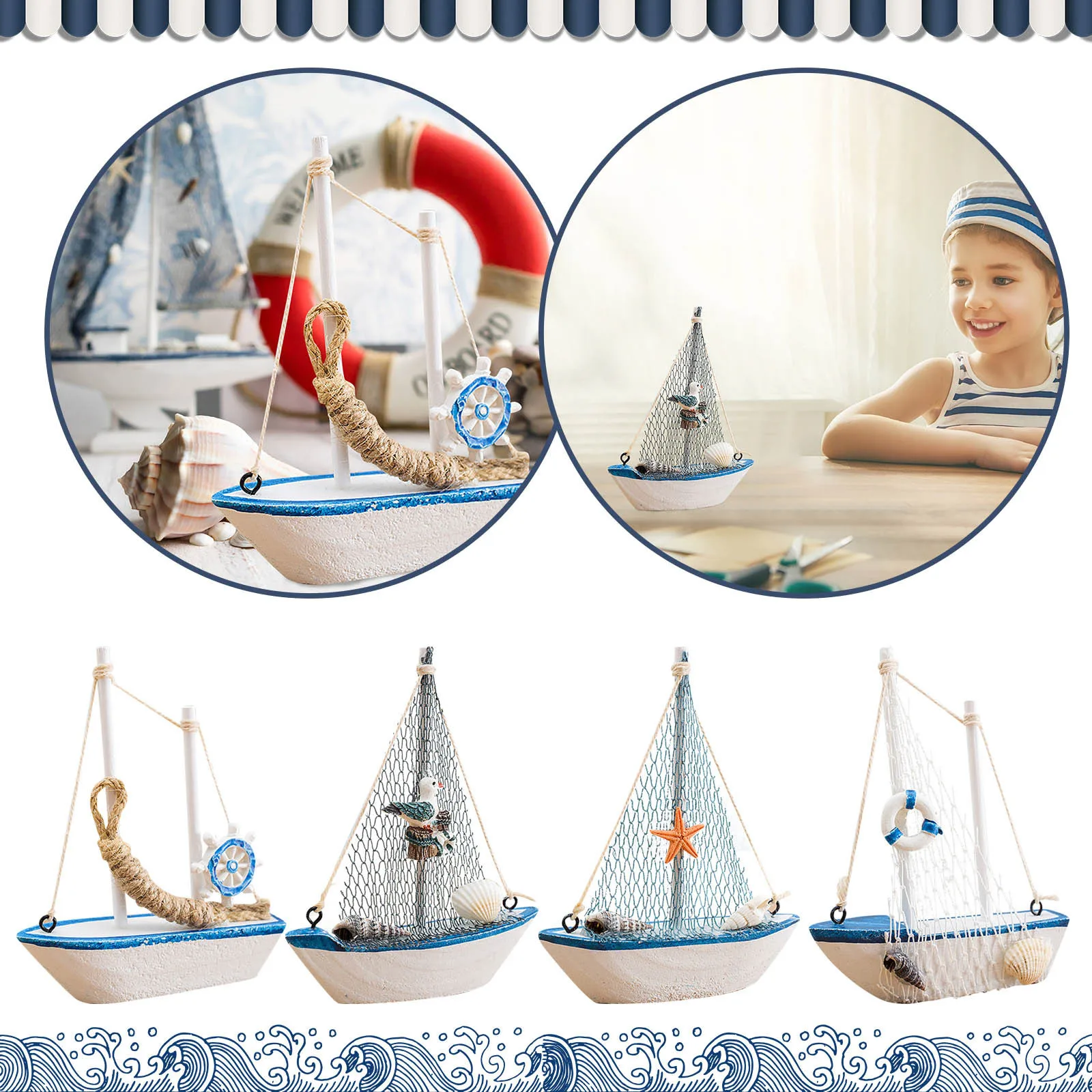 

Home Nautical Wooden Sailboat Ornament Beach Decoration Retro Wooden Sailboat Beach Mini Mouse Ornaments for Christmas Tree