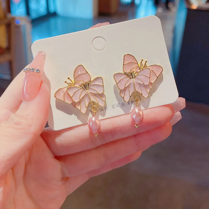 

S925 Silver Needle South Korea's New Light Luxury Oil Drop Pearl Butterfly Earrings Female All-match High-end Earrings