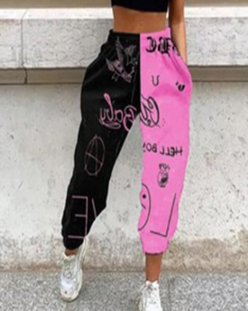 

Pattern Skull Print Patchwork Pants Autumn Elastic Waist Pocket Overalls Women Casual Streetwear Sweatpants