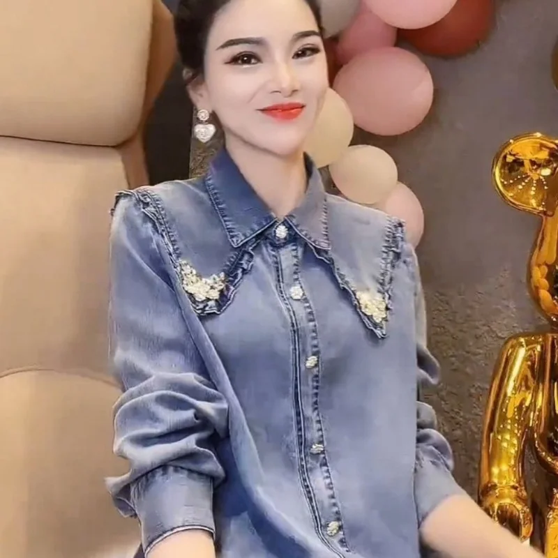 

Denim Shirt Women 2022 Spring Solid Shirt Single-breasted Long Sleeved Denim Shirts Ladies Hot Sale Jeans Jacket Female E451