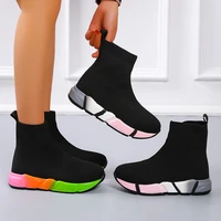 spring 2022 new mixed colors flying woven stretch sneakers women platform slip on black shoes mesh breathable casual shoes women