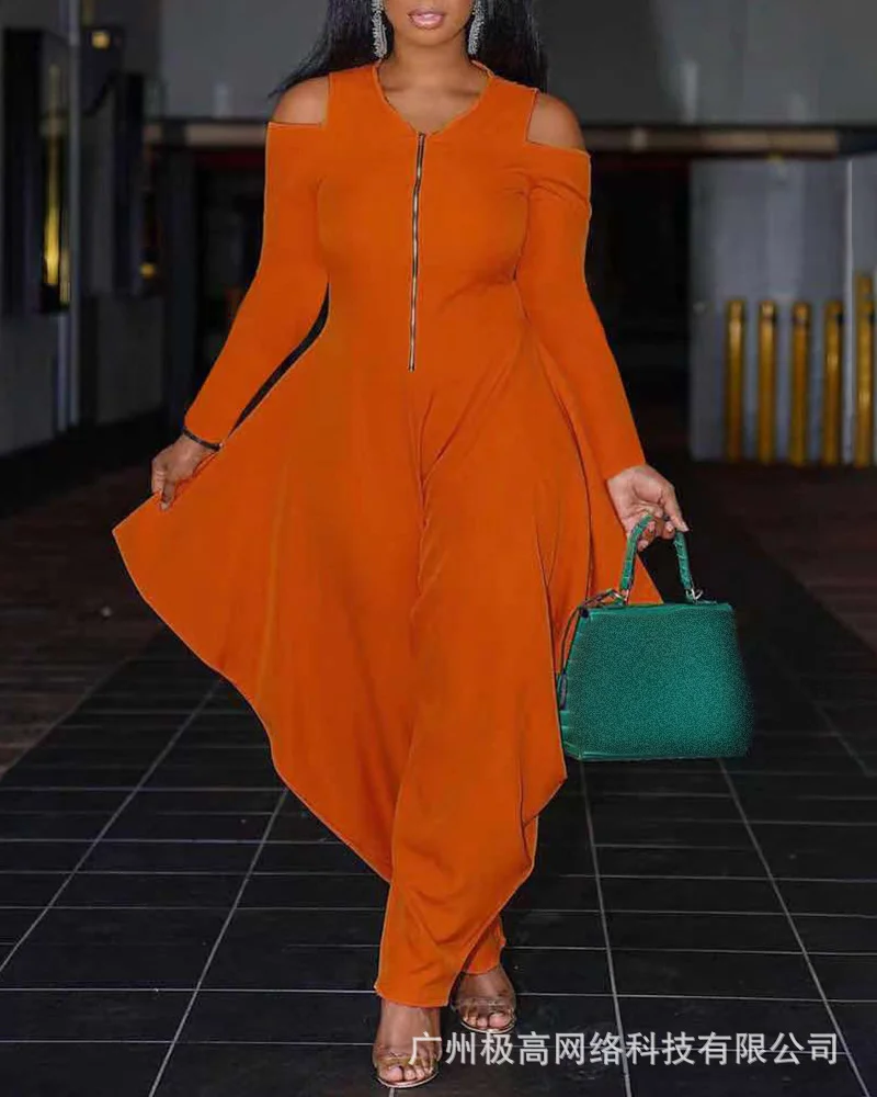 

Комбинезон женский с открытыми плечами, однотонный Длинный свободный комбинезон с широкими штанинами, на молнии, с вырезами, комбинезон