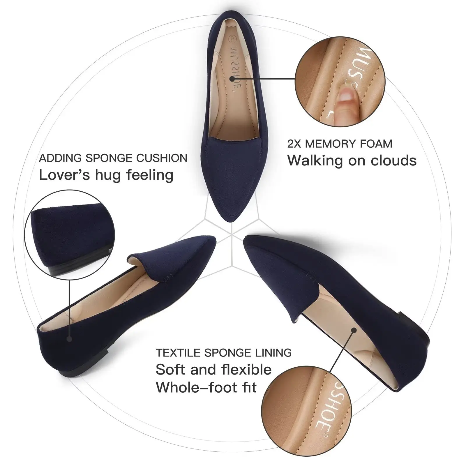 Туфли MUSSHOE женские с острым носком балетки без застежки Классическая мягкая