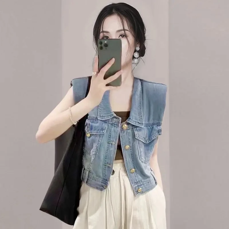 

Woman Summer Sleeveless Single-breasted Blue Denim Vest Female Ruffles Turn-down Collar Short Jean Jacket All-match Coats G418
