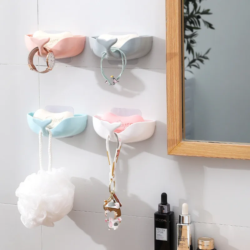 

Fishtail Soap Box Plastic Soap Storage Rack Container Hanging Soap Dish Multifunctional Hook Creative Seamless Wall Hanging Soap