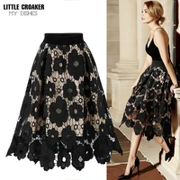 summer autumn women lace floral casual polyester elastic waist ruffled hem skirt fashion a line knee length skirts clothes