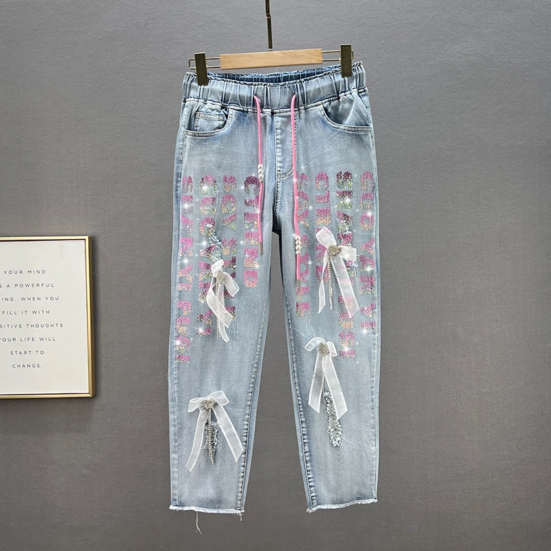 

Women's Thin Jeans 2022 New Summer Elastic Waist Large Size Loose Denim Pants Letters Hot Rhinestone Cropped Pants Woman Jean