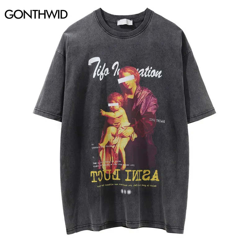 

Hip Hop Distressed Streetwear T-Shirt Hip Hop Vintage Painting Print Gothic Rock Cotton Tshirt 2022 Men Casual Loose T Shirt Top